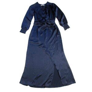 NWT Reformation Chantelle in Navy Blue Ruched Silk Satin Faux Wrap Midi Dress 2